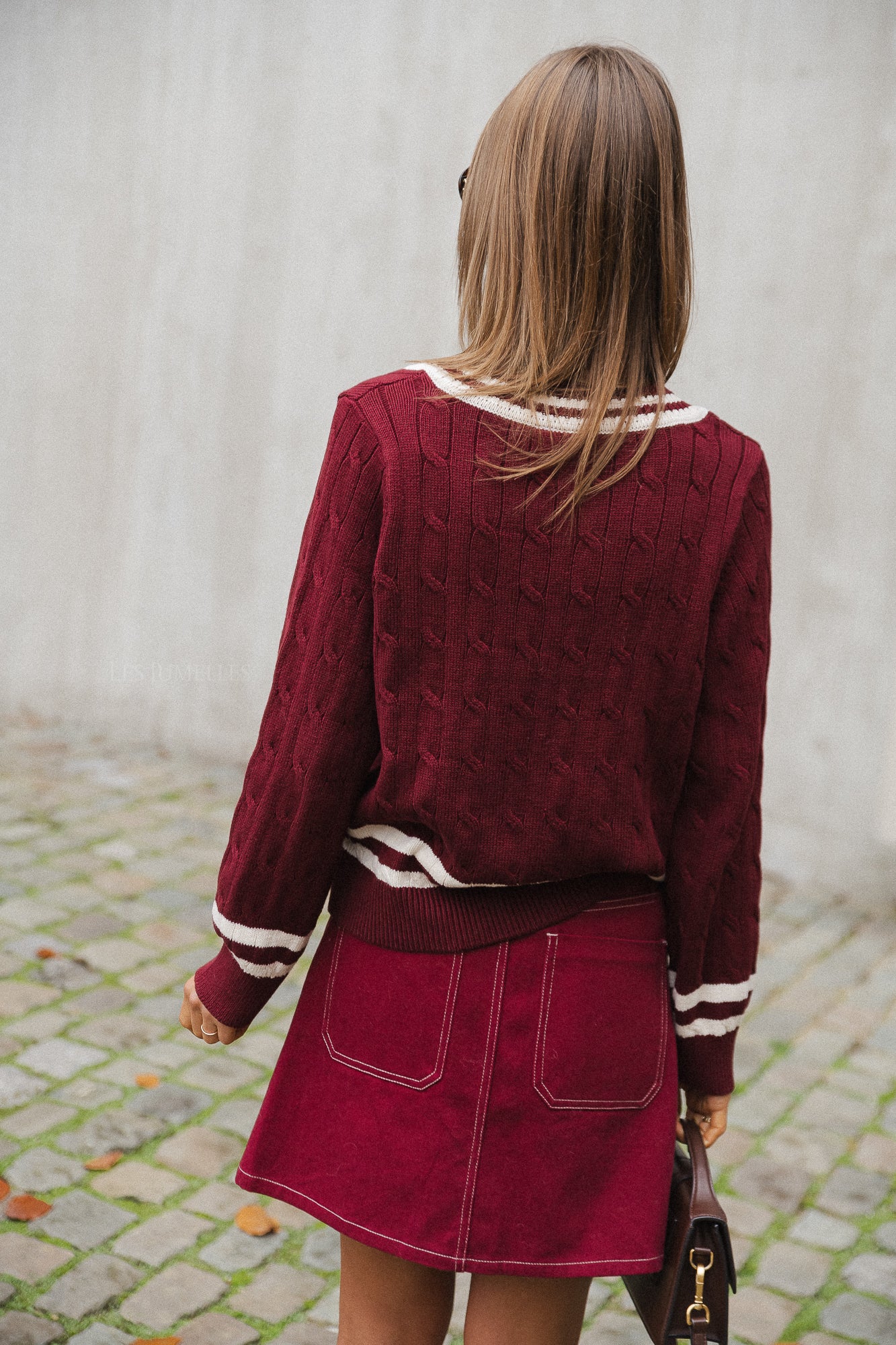 VISena L/S V-hals gebreide trui bordeaux/ecru