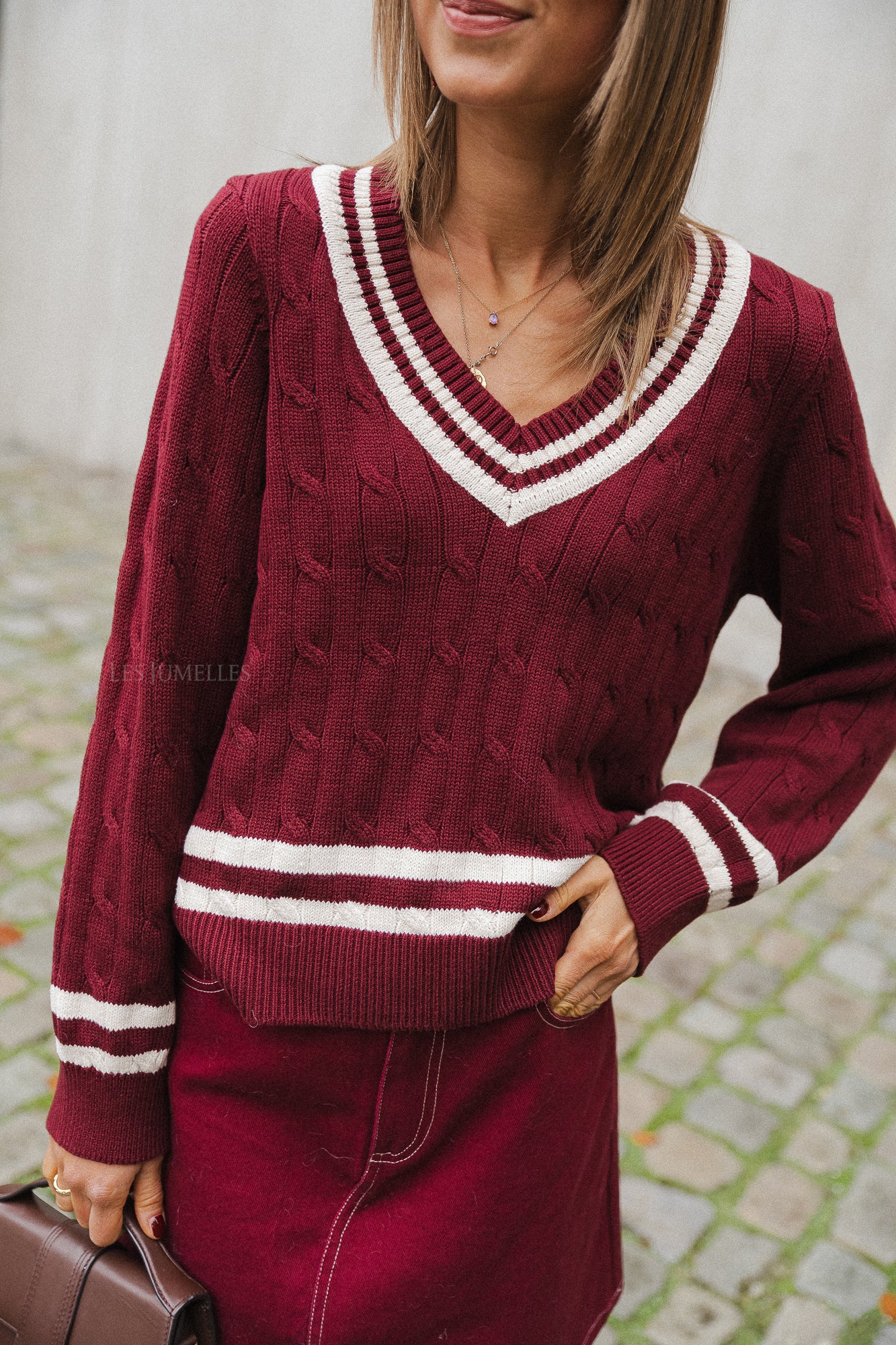 VISena L/S V-hals gebreide trui bordeaux/ecru