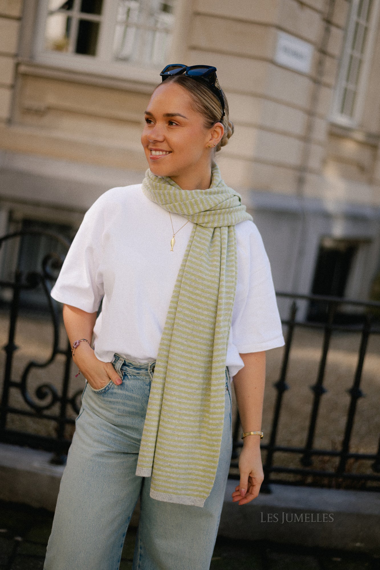 Florence striped scarf - grey/lime green