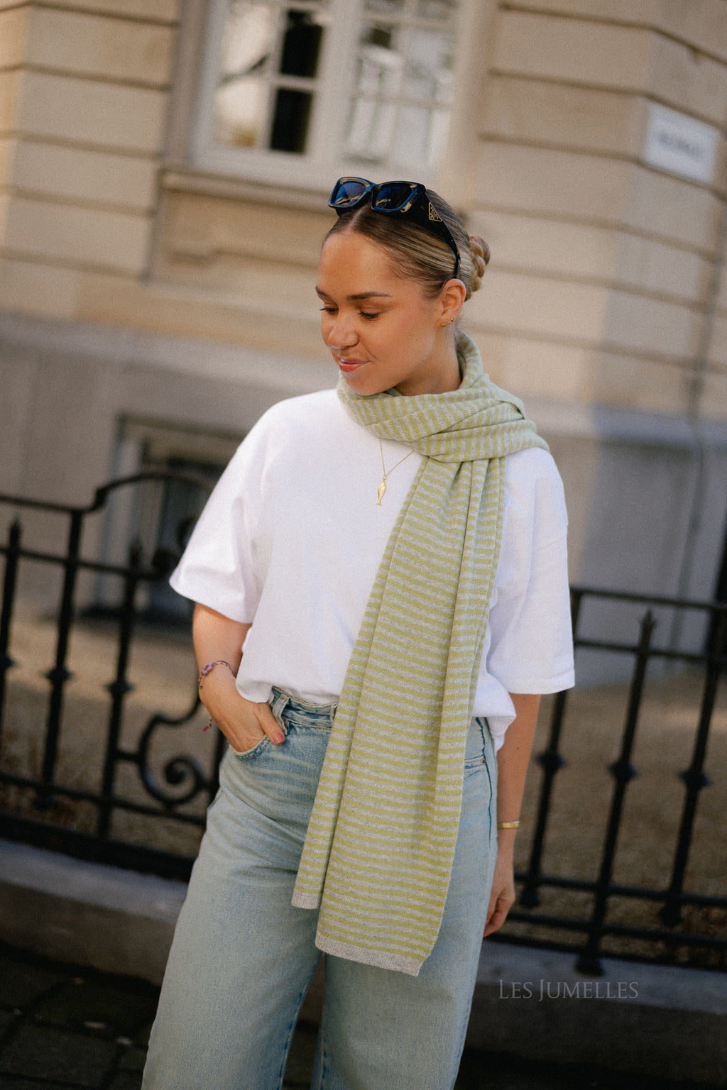Florence striped scarf - grey/lime green