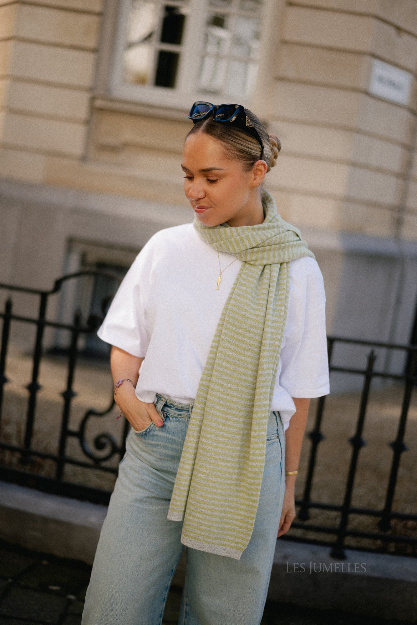 Florence striped scarf - grey/lime green