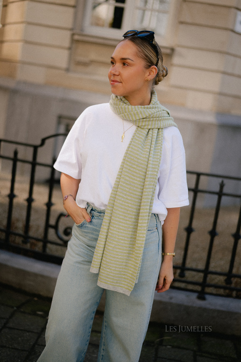Florence striped scarf - grey/lime green