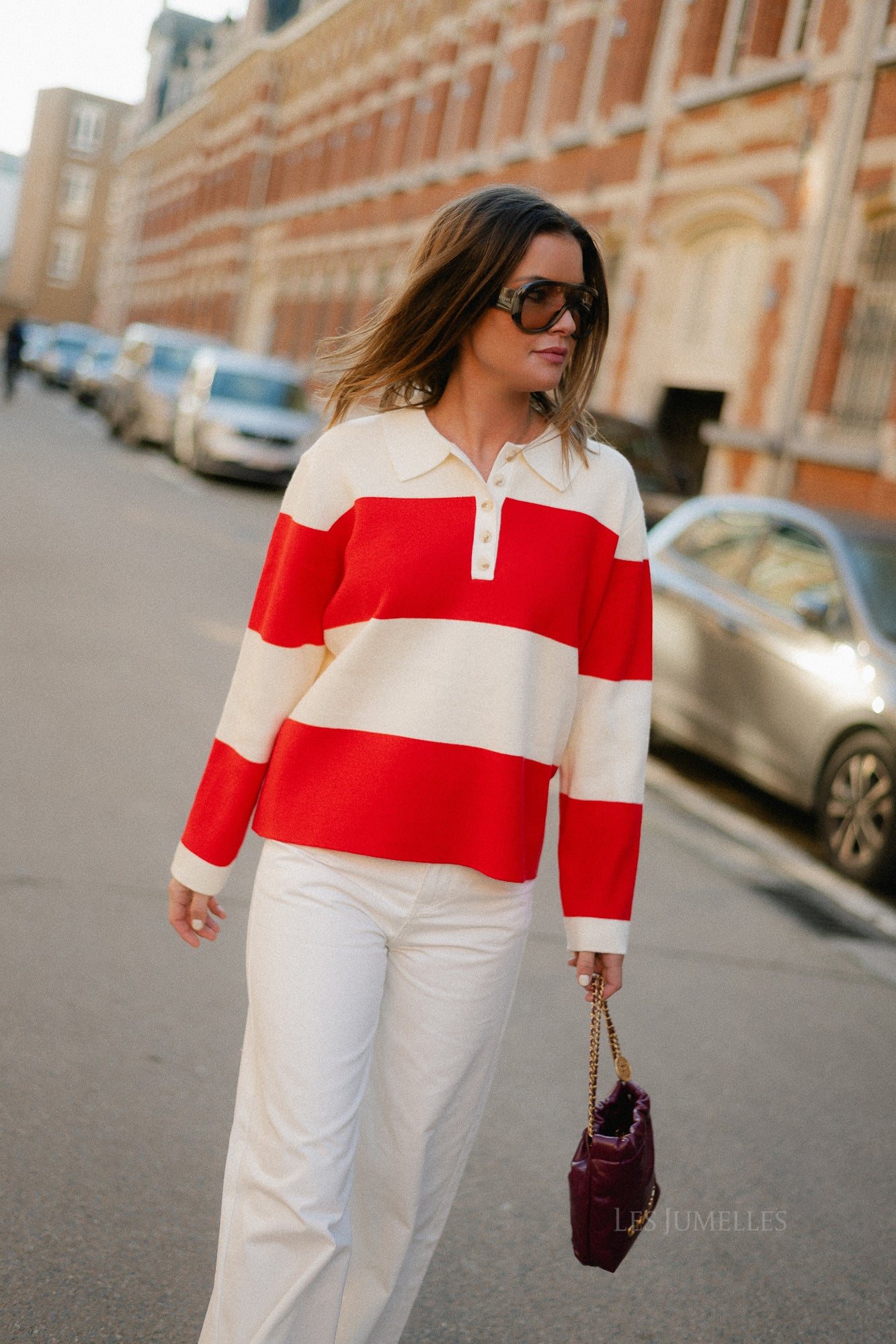 Bowie striped polo knit - cream/red
