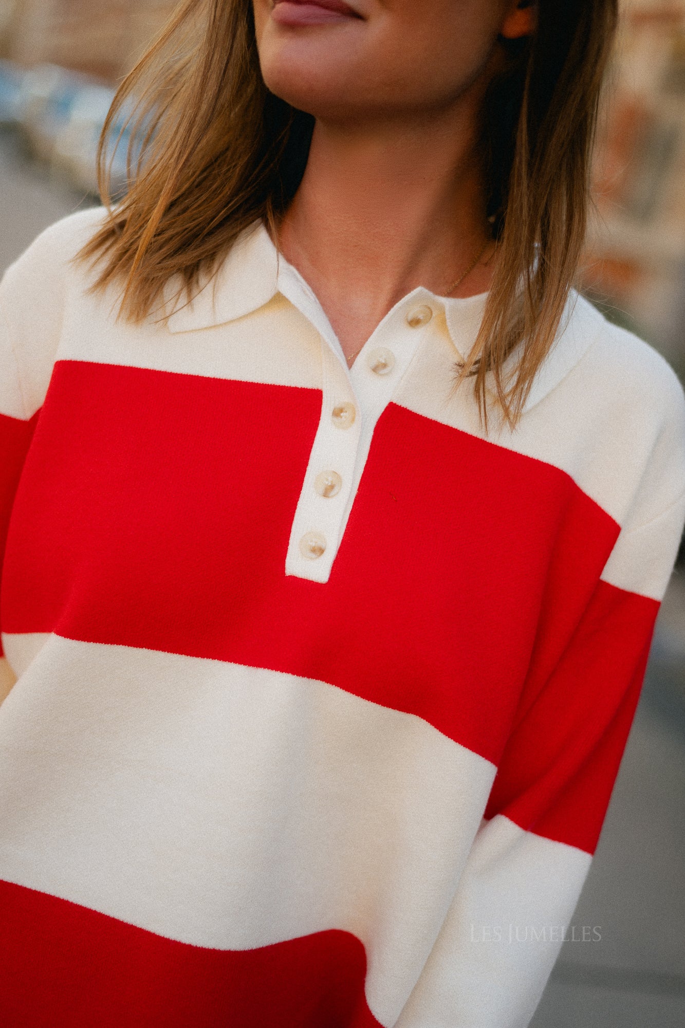 Bowie striped polo knit - cream/red