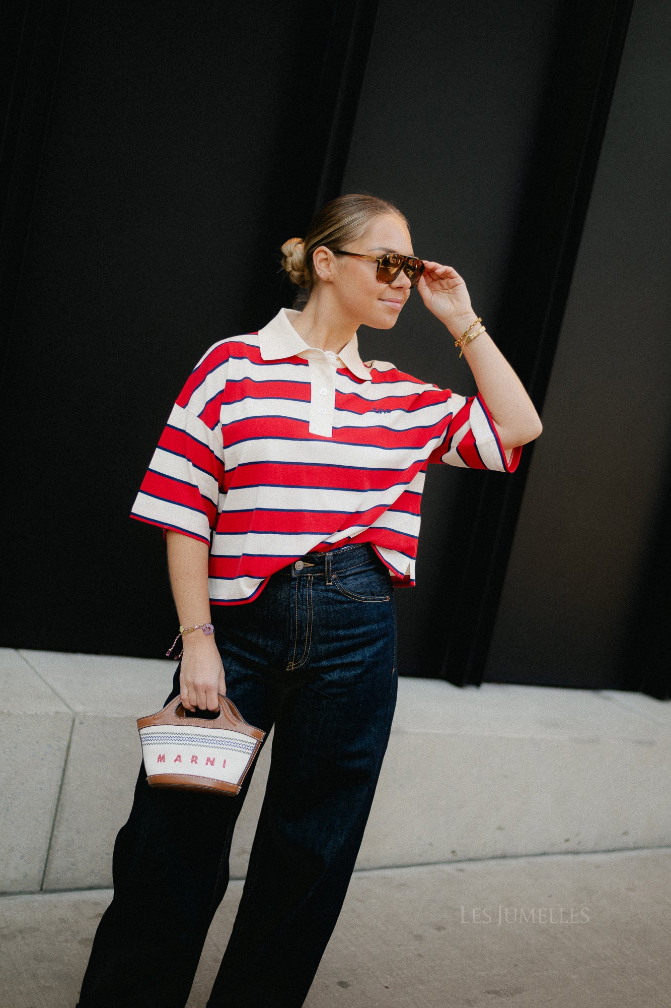 Acacia polo tulip red & midnight stripes