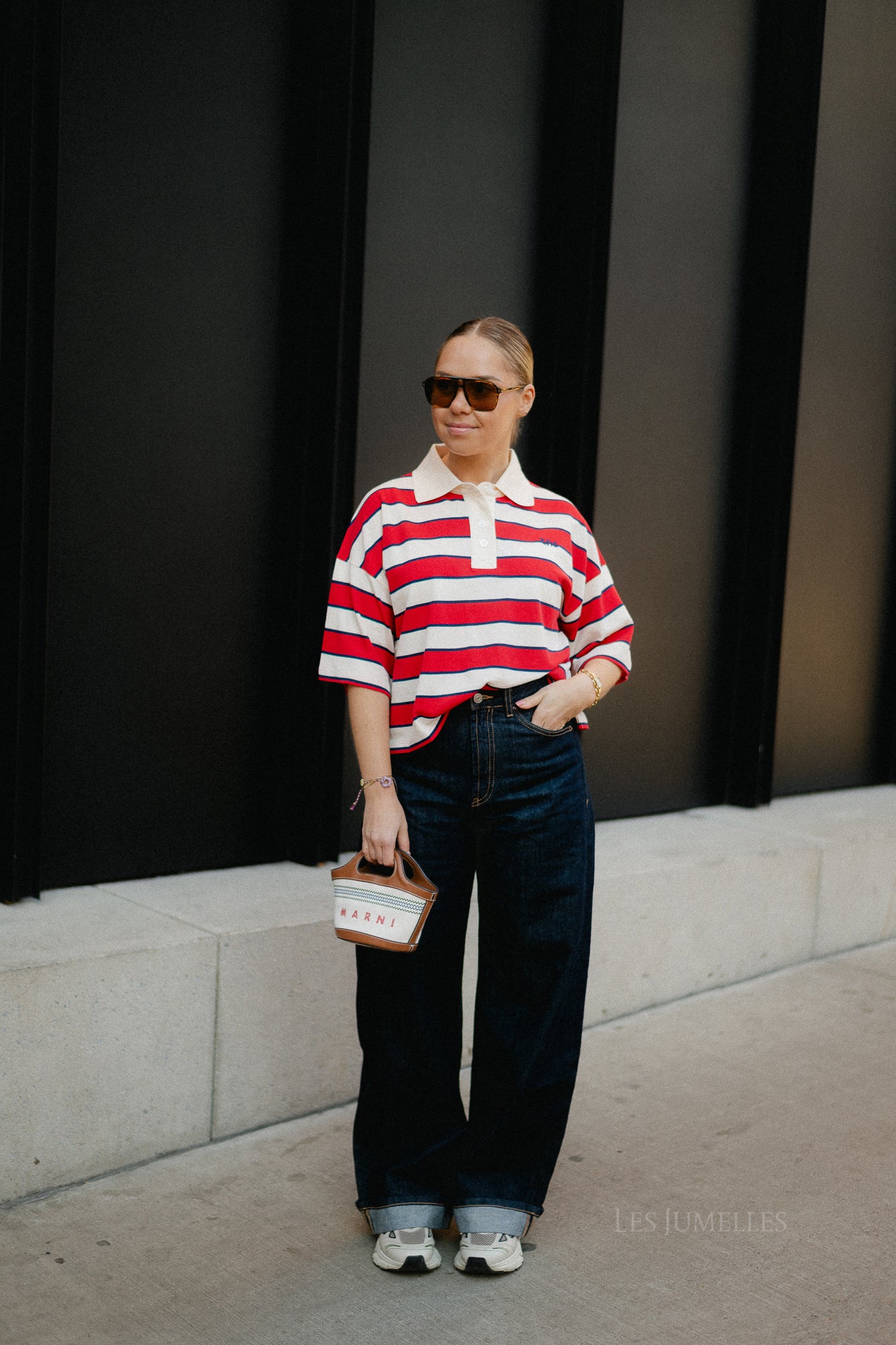 Acacia polo tulip red & midnight stripes