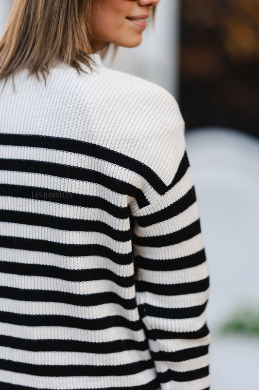 Les Jumelles Viril rib stripe knit top super light natural/black