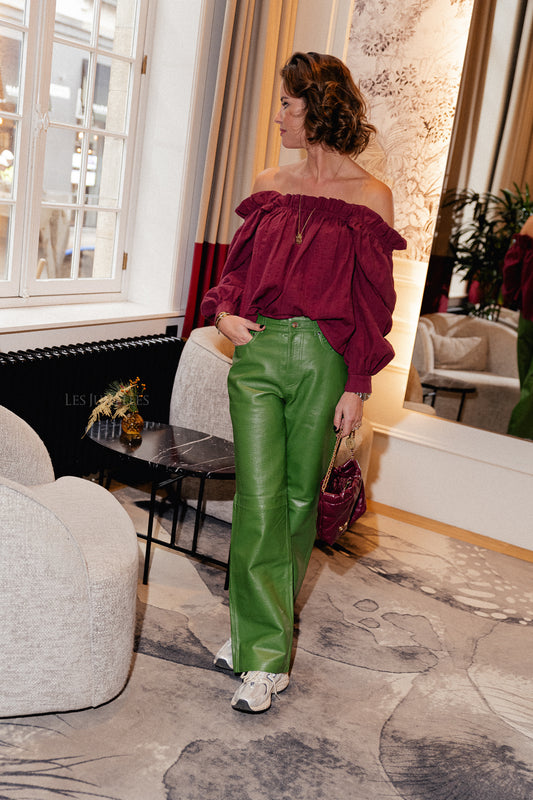 Les Jumelles Pantalon en cuir ROUCamely HW vert