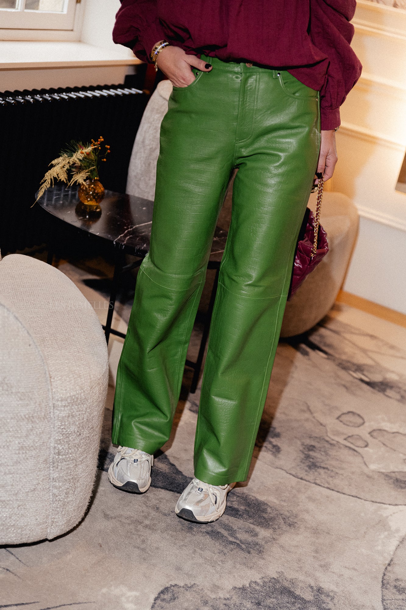 ROUCamely HW leather trouser artichoke green