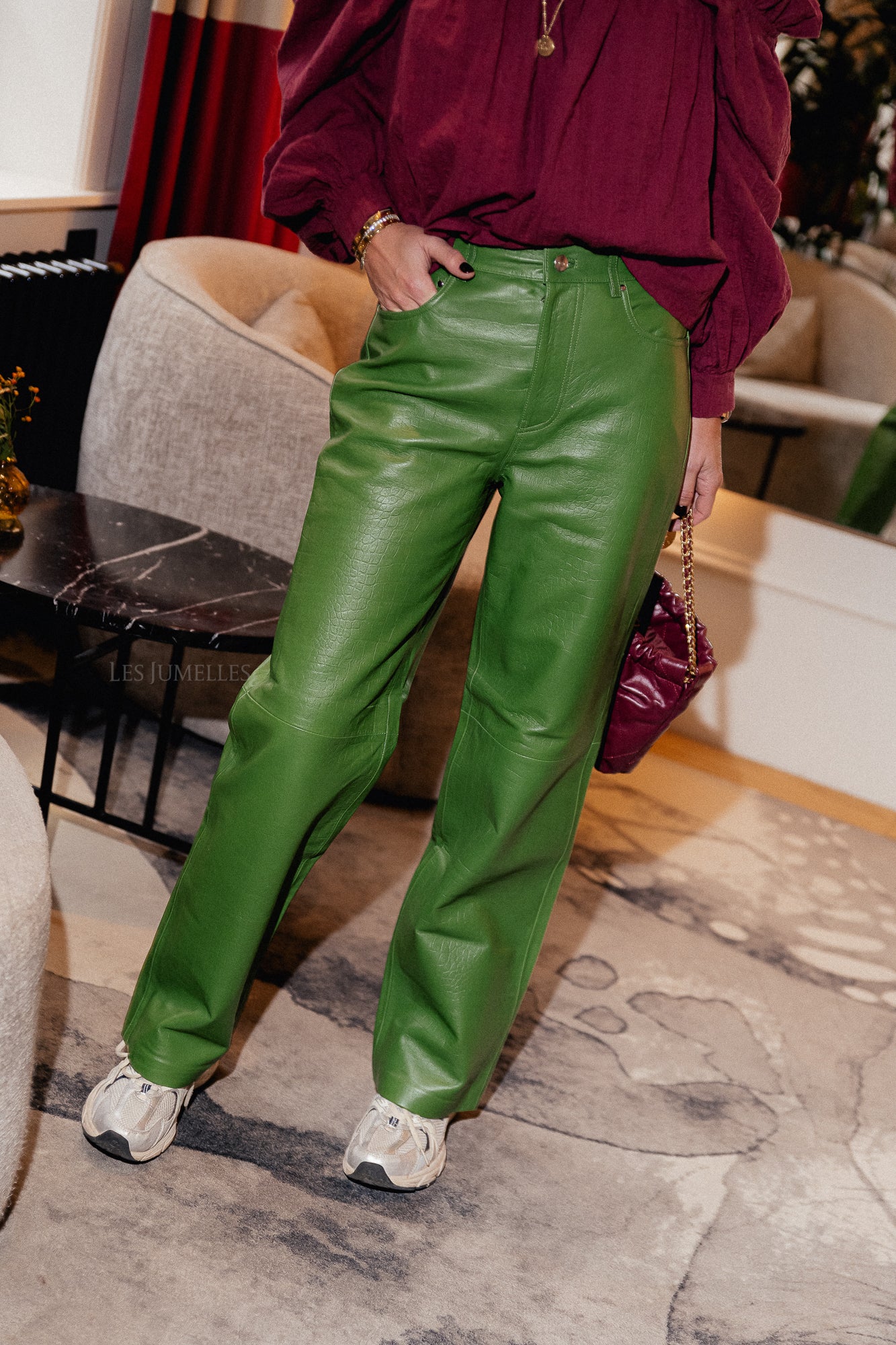 ROUCamely HW leather trouser artichoke green