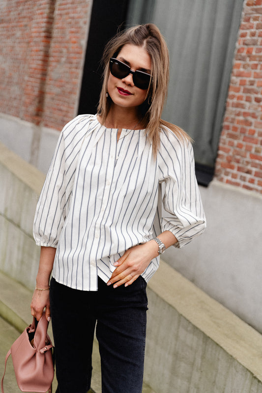 Les Jumelles VIBelfie O-neck 3/4 stripe shirt birch/navy