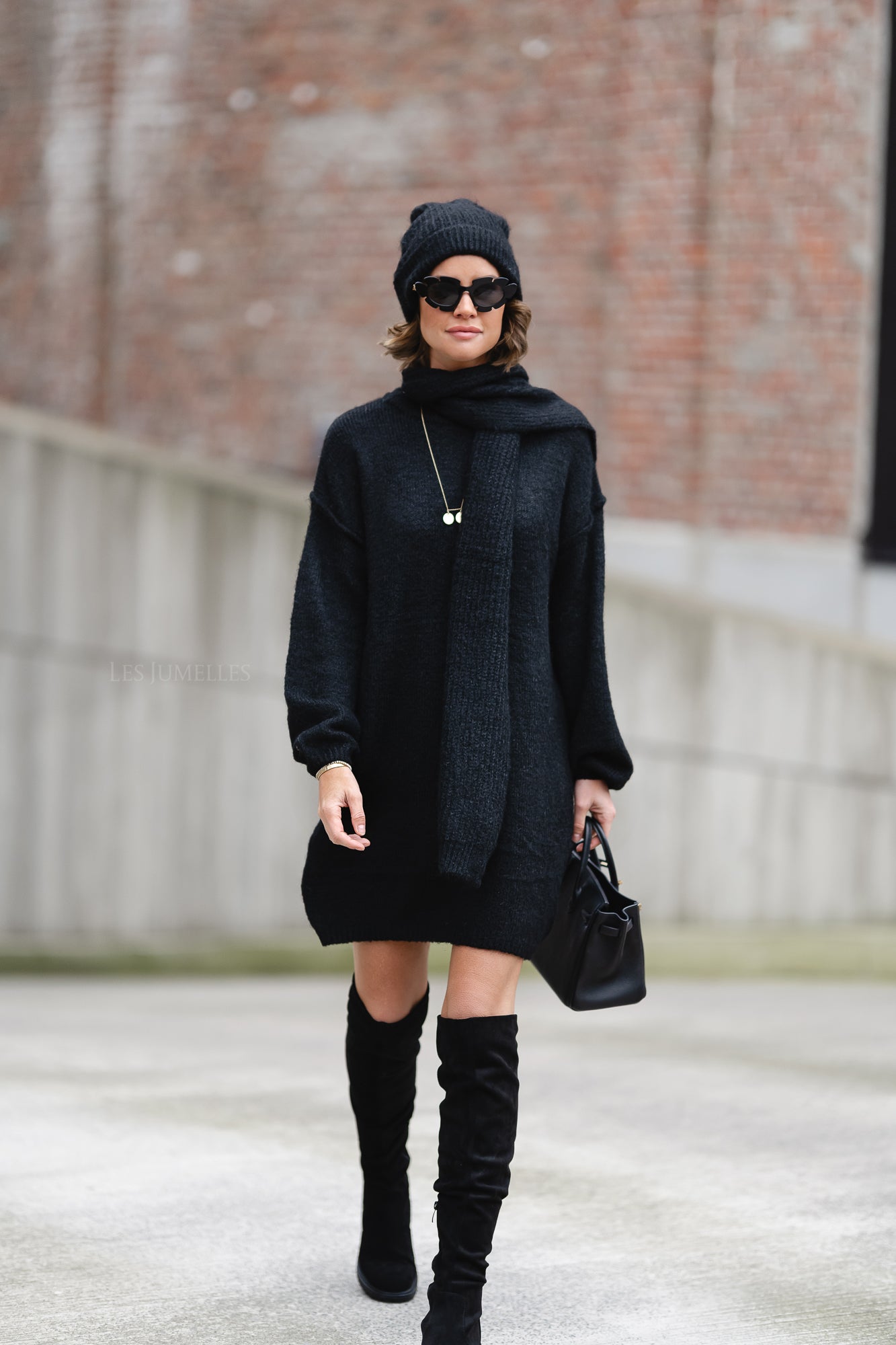 Sally knitted dress with scarf and beanie black