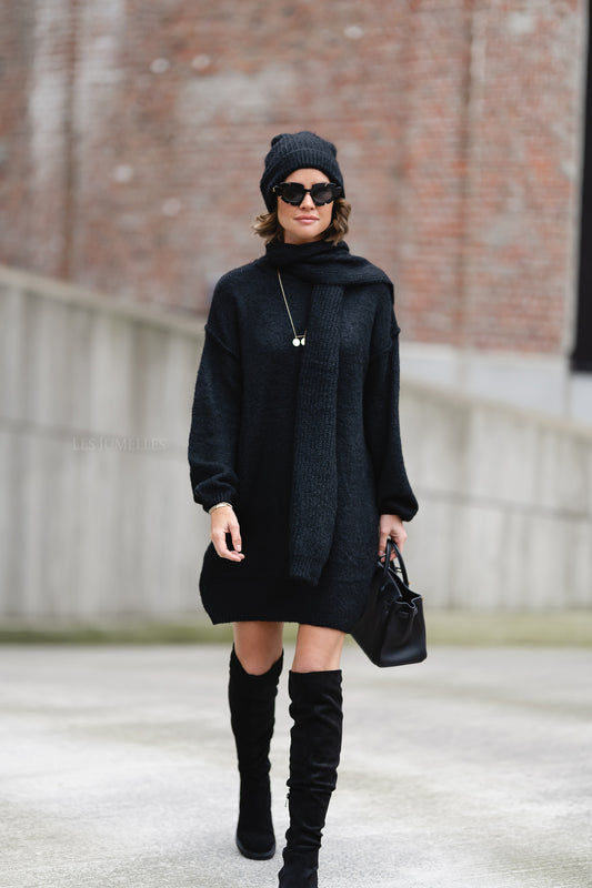 Les Jumelles Sally knitted dress with scarf and beanie black