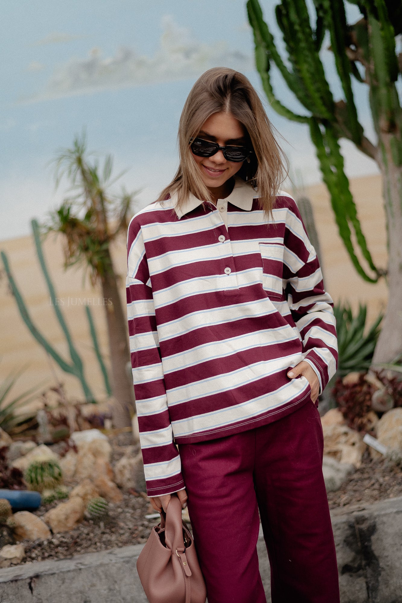 Frances striped polo sweatshirt burgundy/ecru