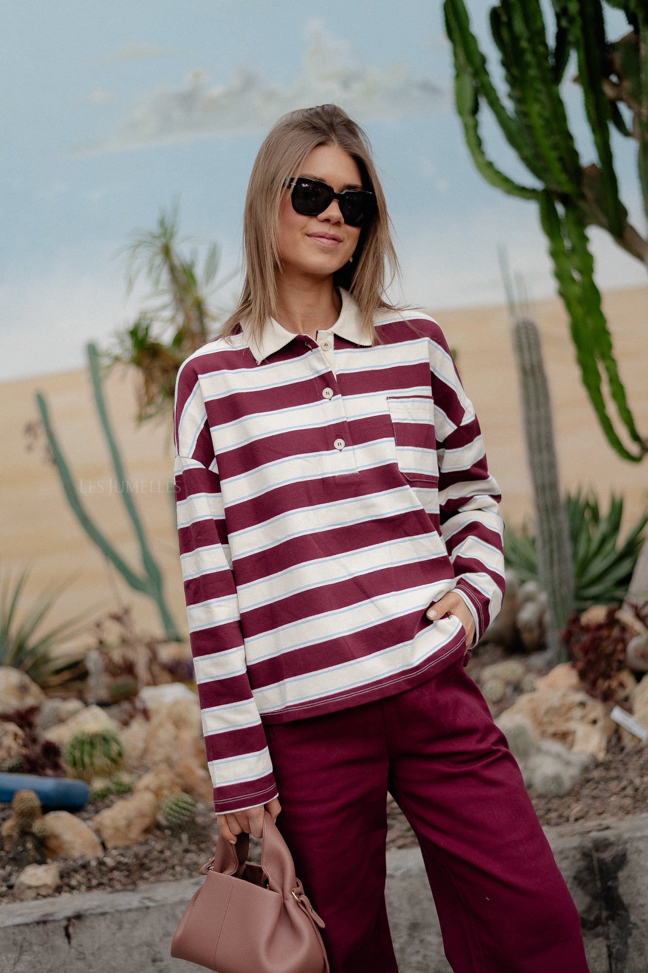 Frances striped polo sweatshirt burgundy/ecru