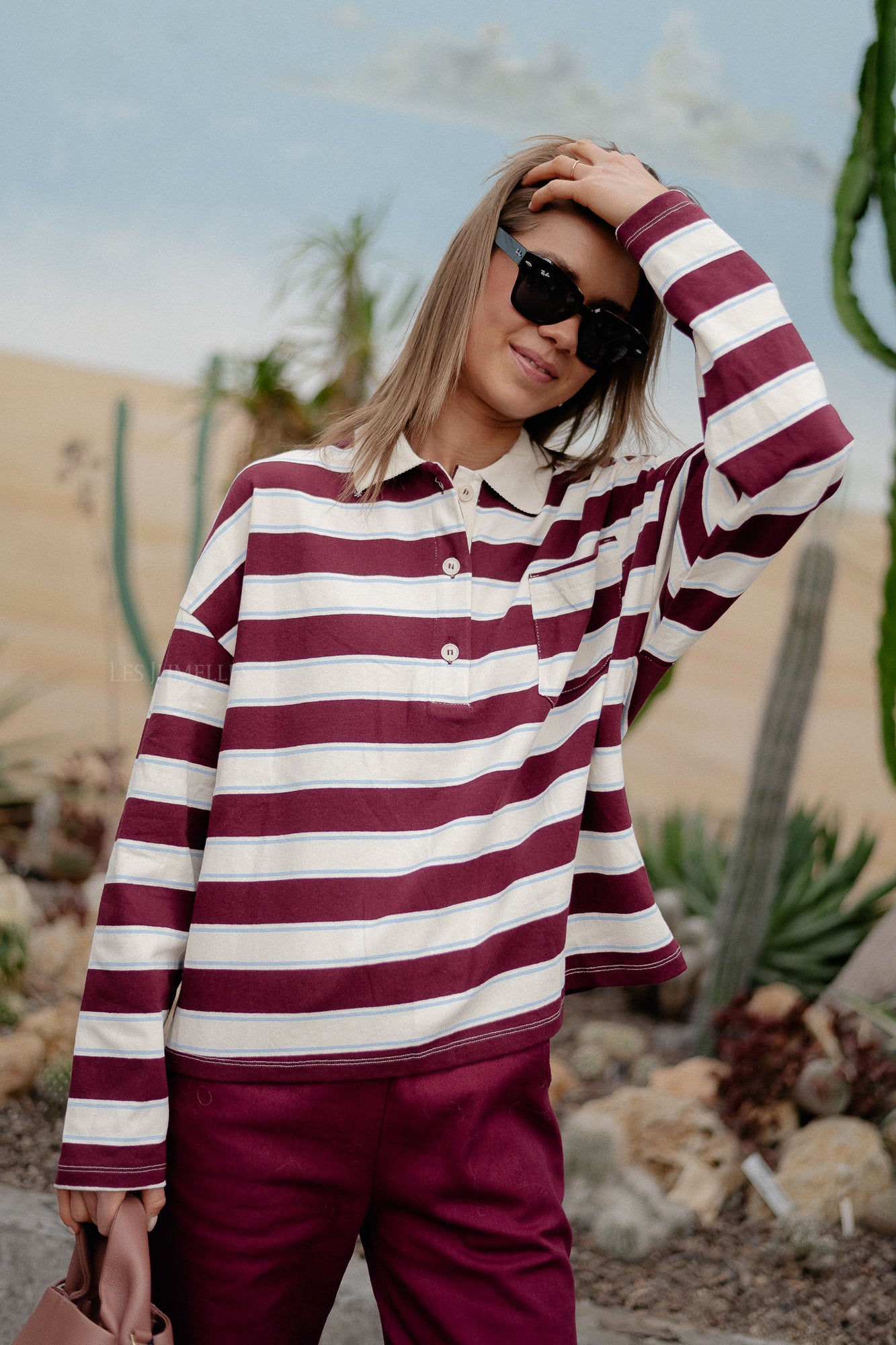 Frances striped polo sweatshirt burgundy/ecru