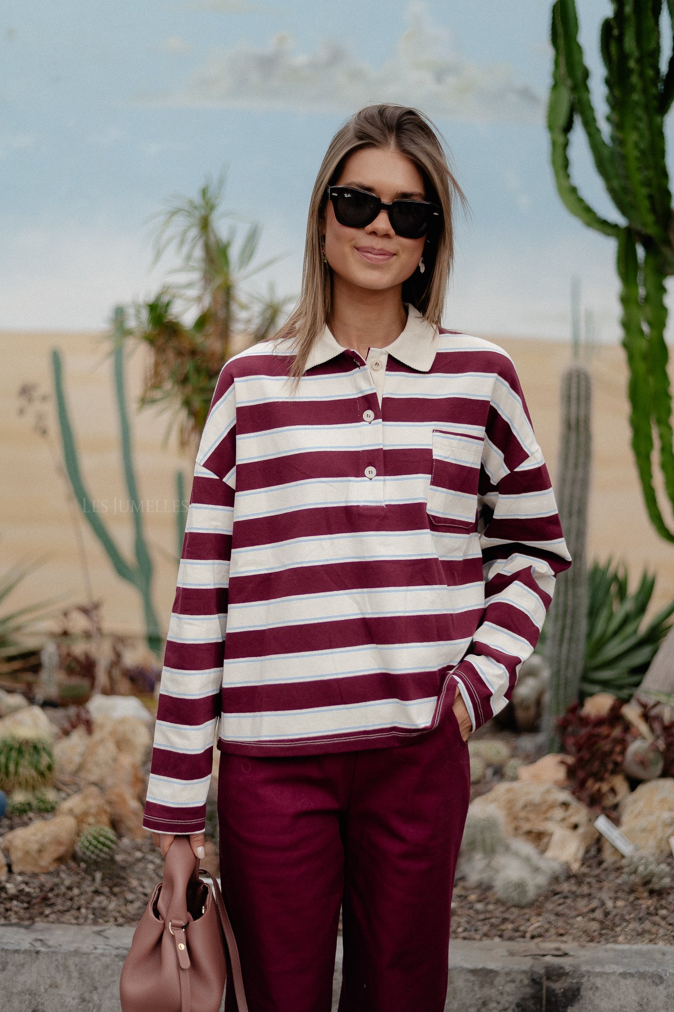 Frances striped polo sweatshirt burgundy/ecru