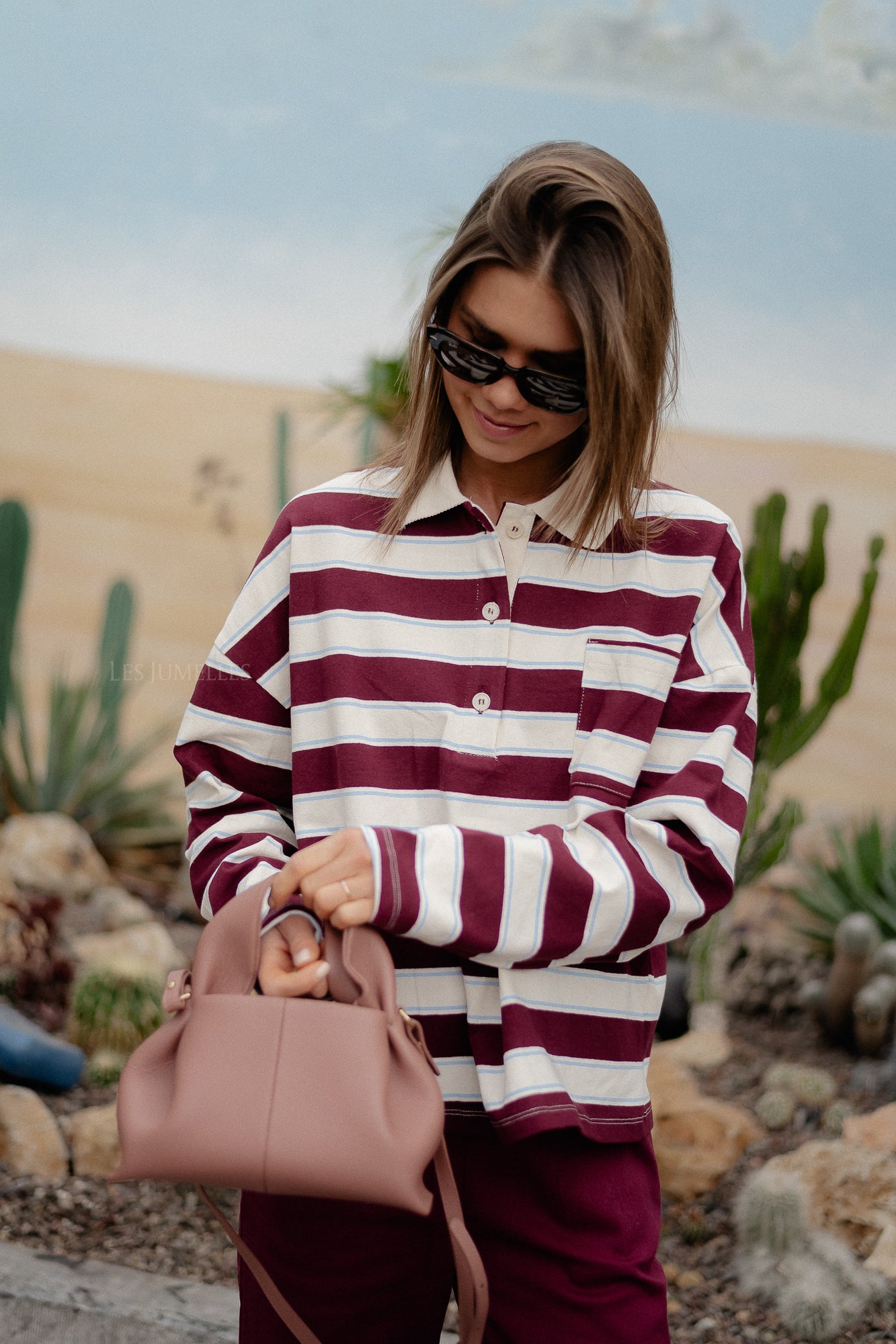 Frances striped polo sweatshirt burgundy/ecru