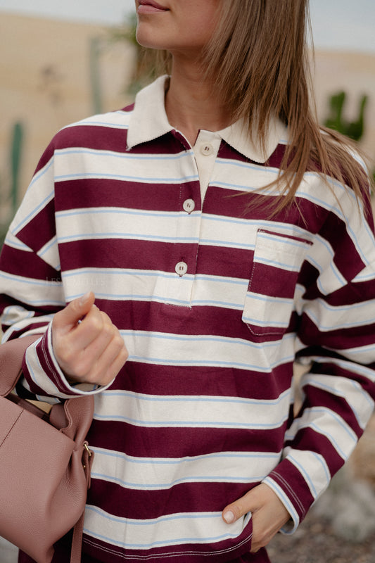 Les Jumelles Frances striped polo sweatshirt burgundy/ecru