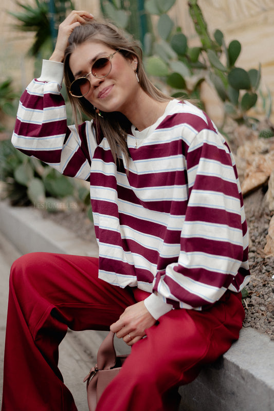 Les Jumelles Frances striped sweater burgundy/ecru