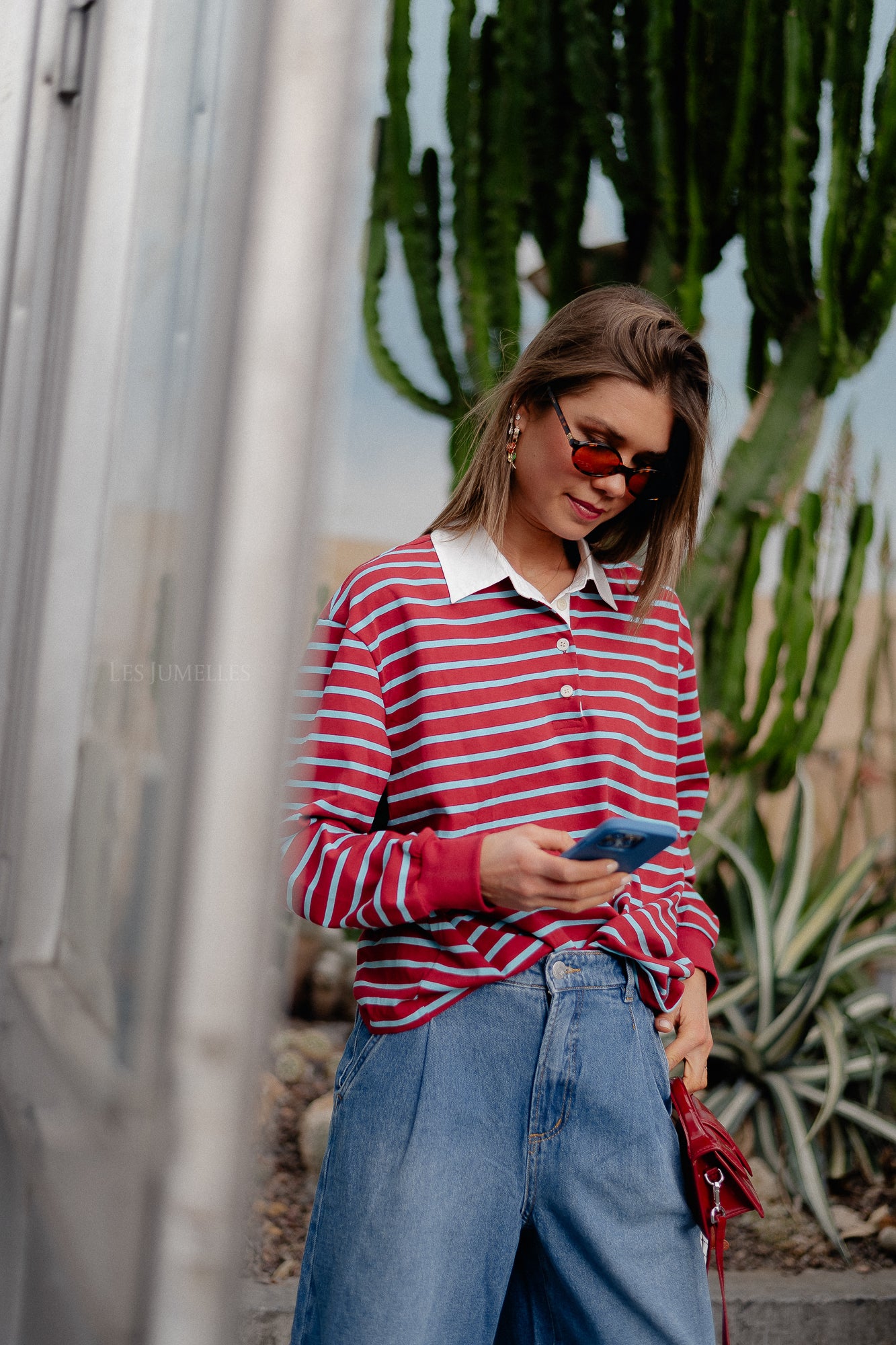 Elise striped polo shirt burgundy/light blue