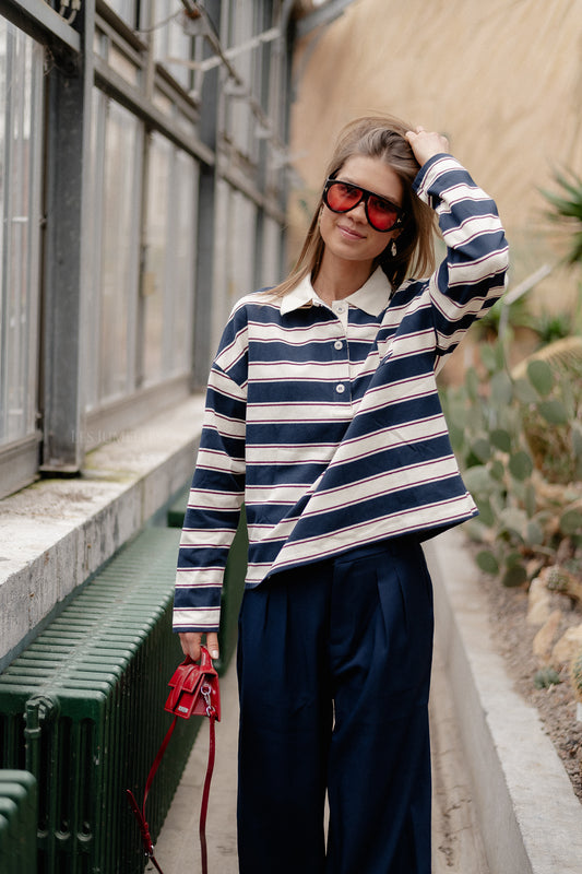 Les Jumelles Frances striped polo sweatshirt navy/ecru