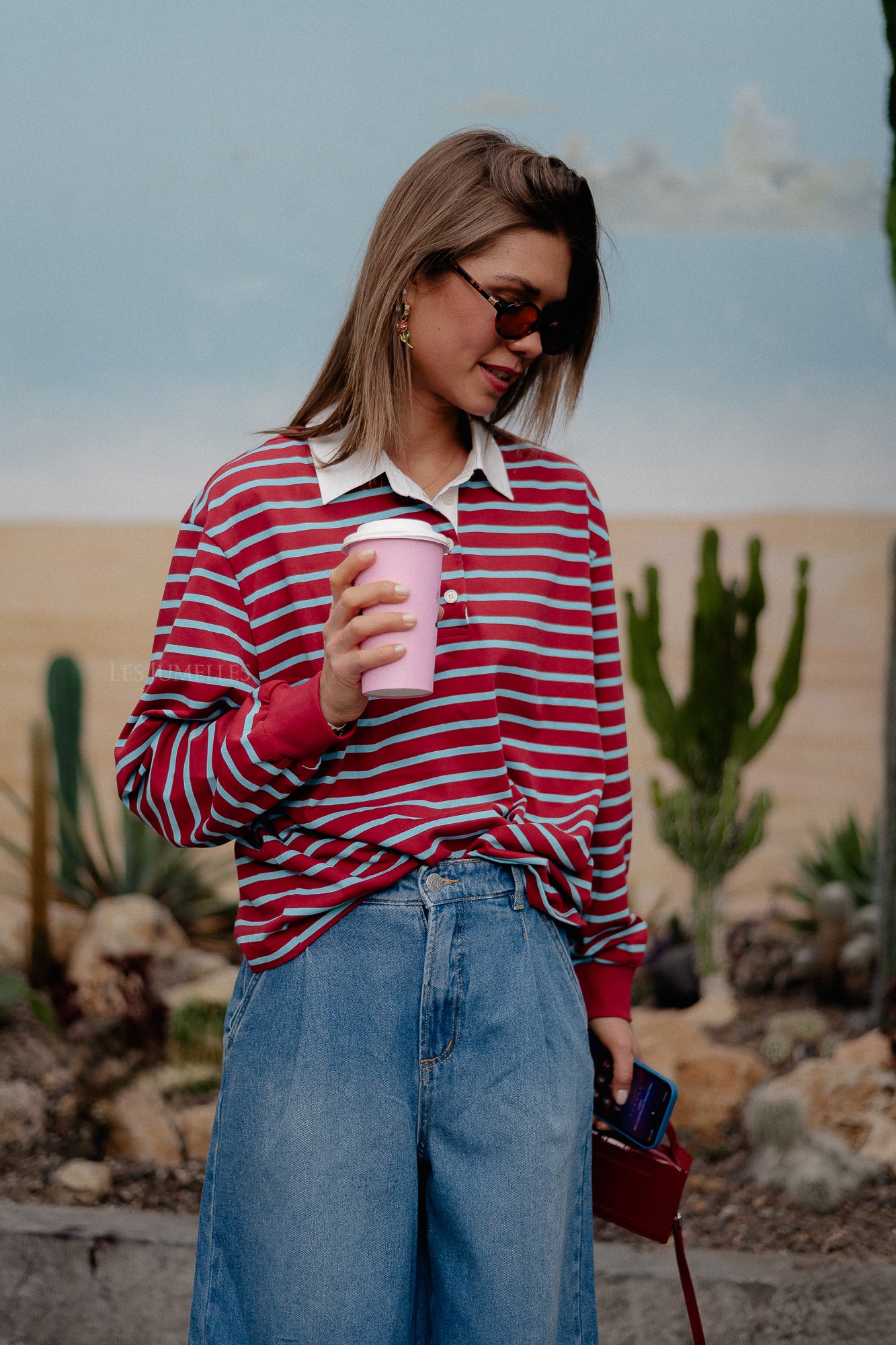 Elise striped polo shirt burgundy/light blue