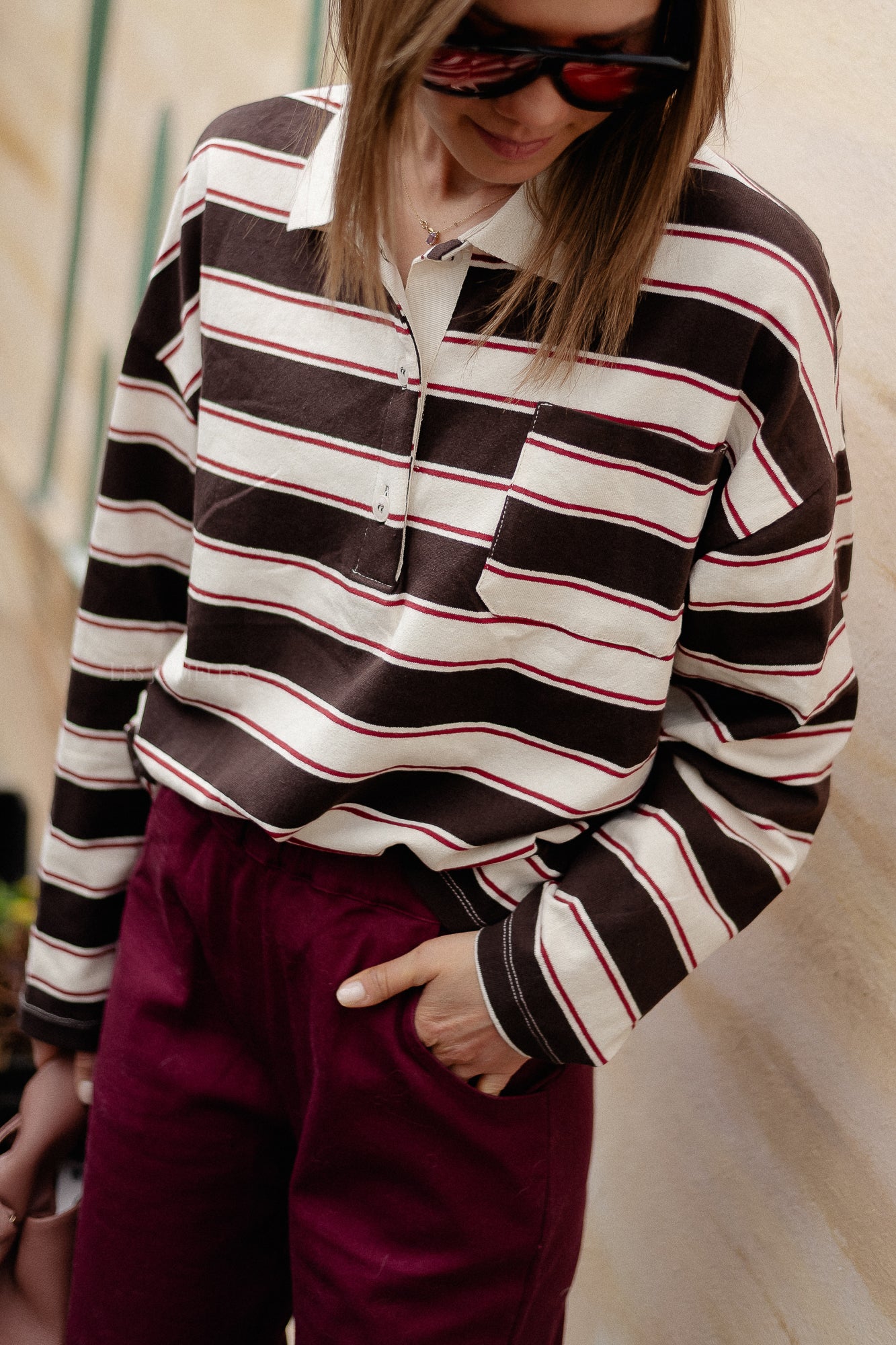 Frances striped polo sweatshirt hot chocolate/ecru