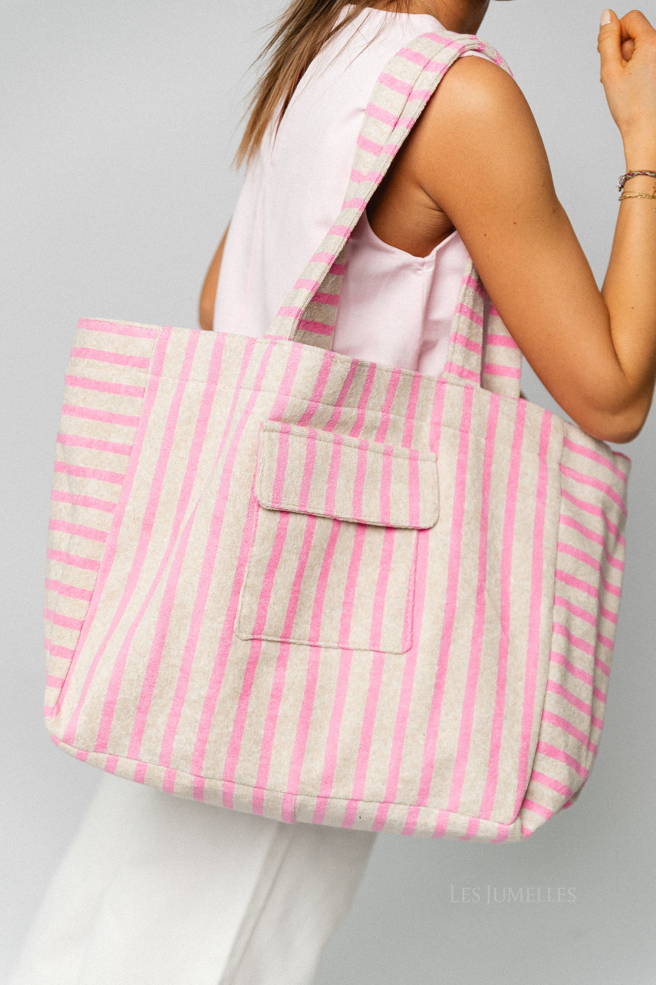 Striped terry shopper – sand/pink