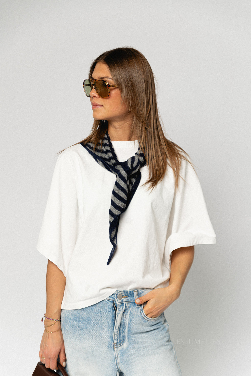 Susie striped triangle scarf - navy blue/grey