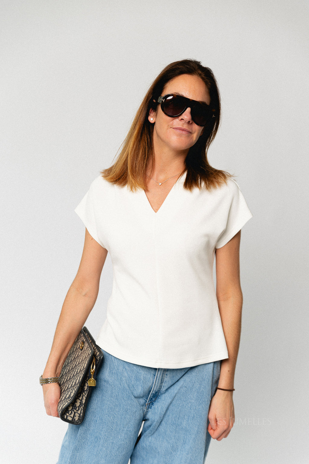 SLWTenny SS V-neck gathered top snow white