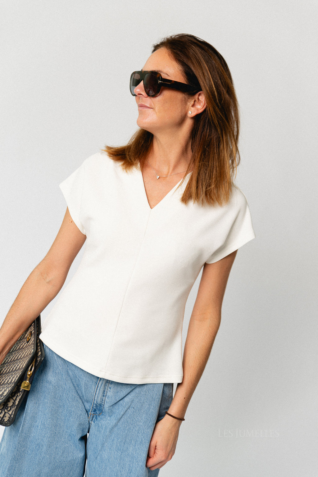 SLWTenny SS V-neck gathered top snow white