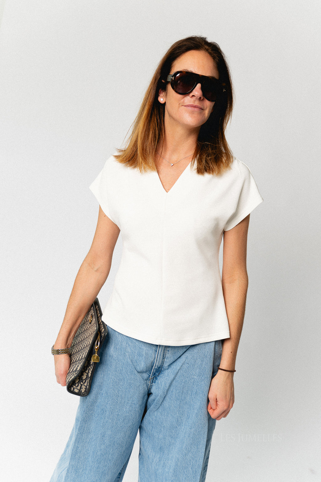 SLWTenny SS V-neck gathered top snow white