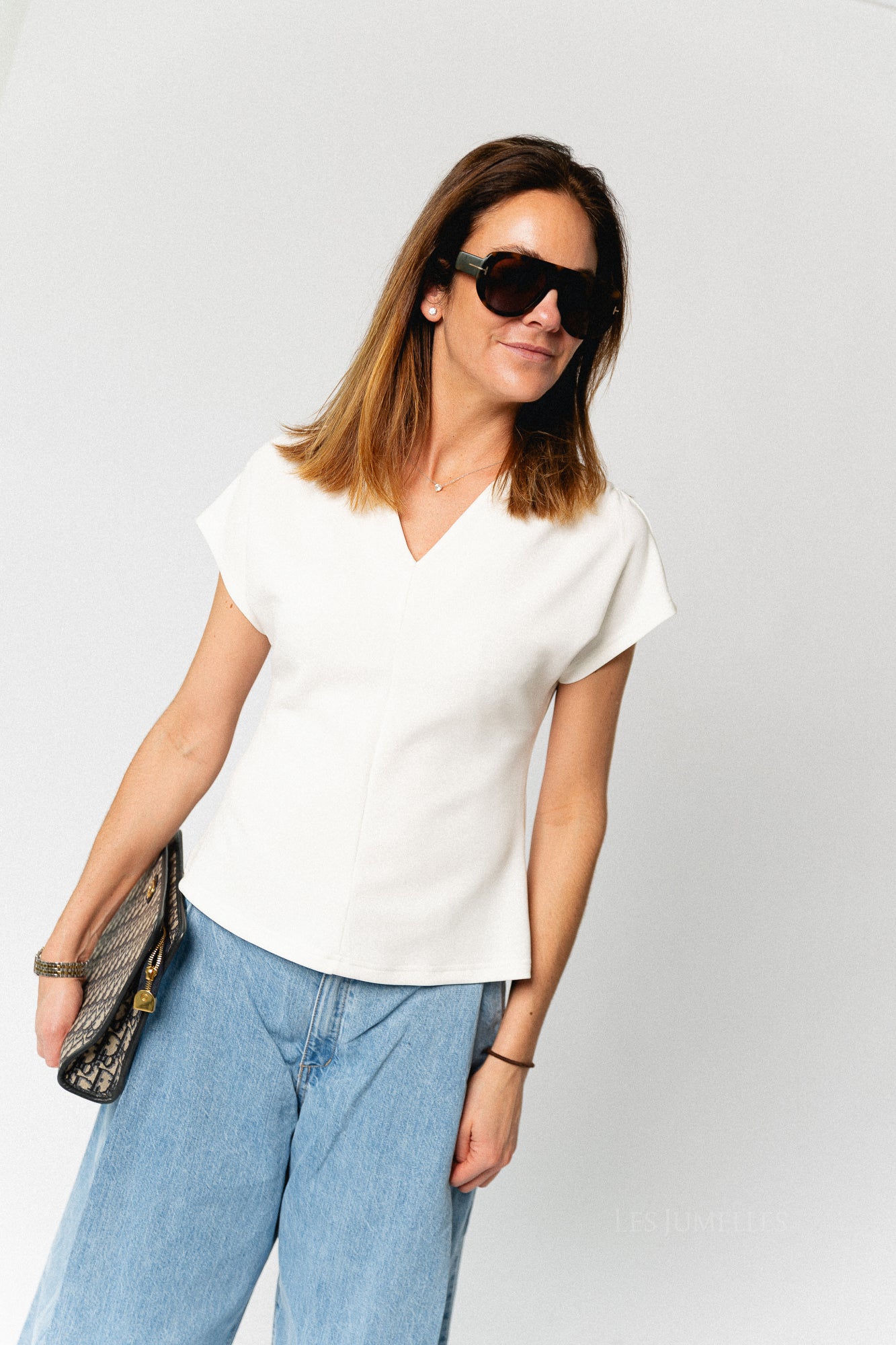 SLWTenny SS V-neck gathered top snow white