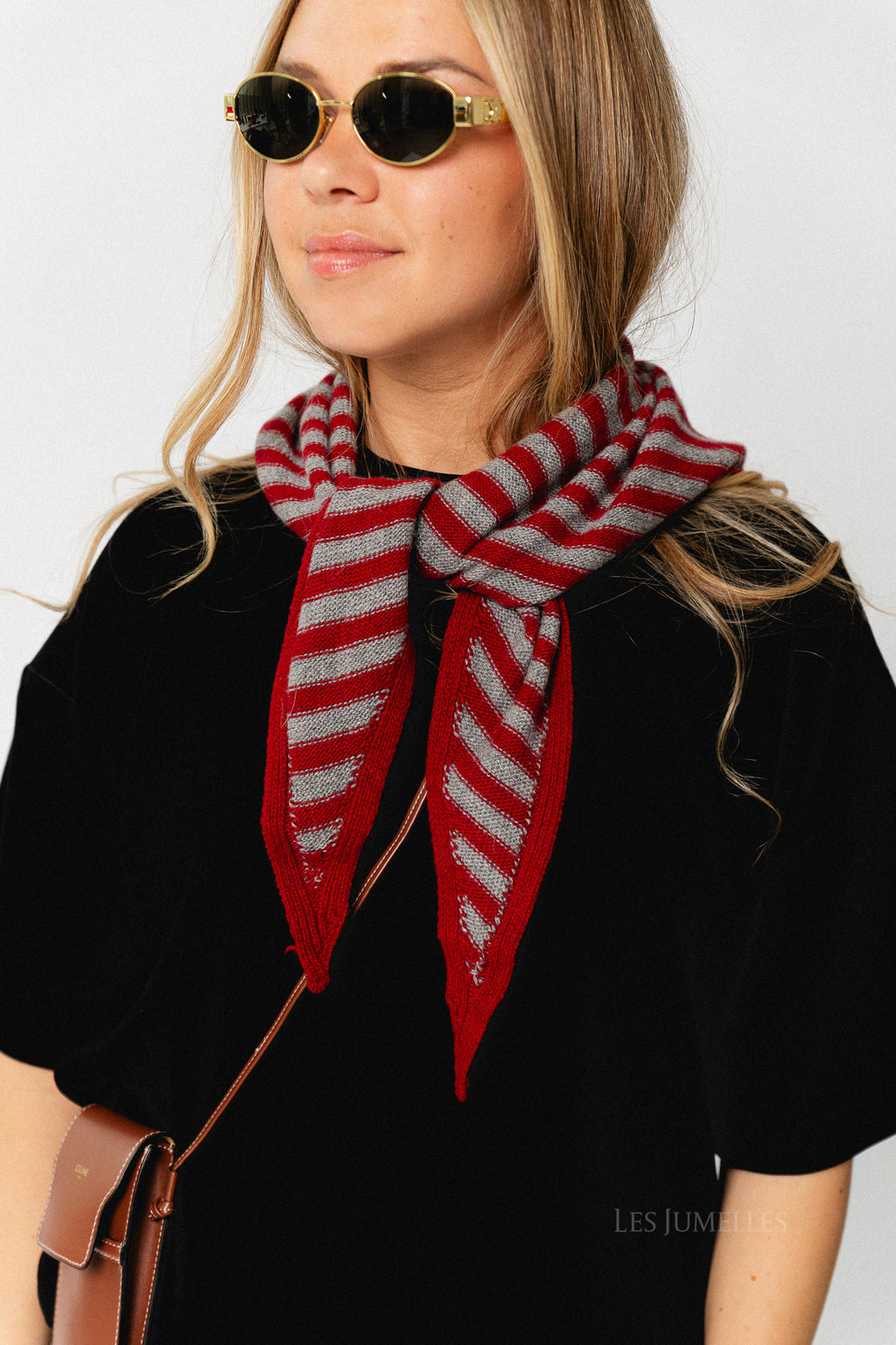 Susie striped triangle scarf - deep red/grey