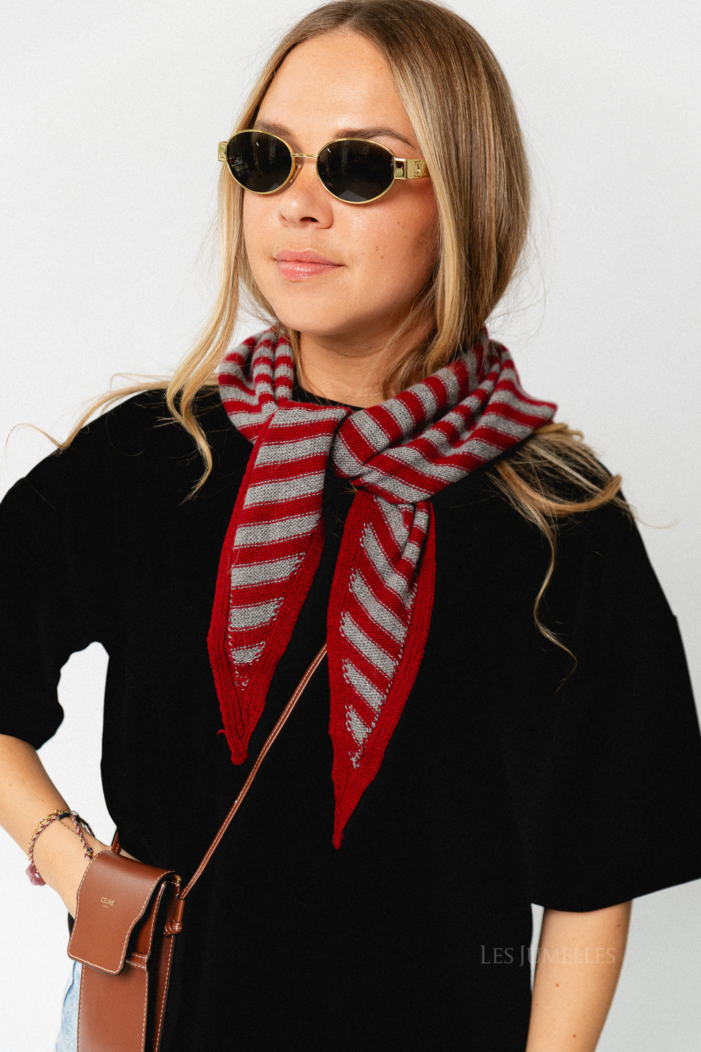 Susie striped triangle scarf - deep red/grey