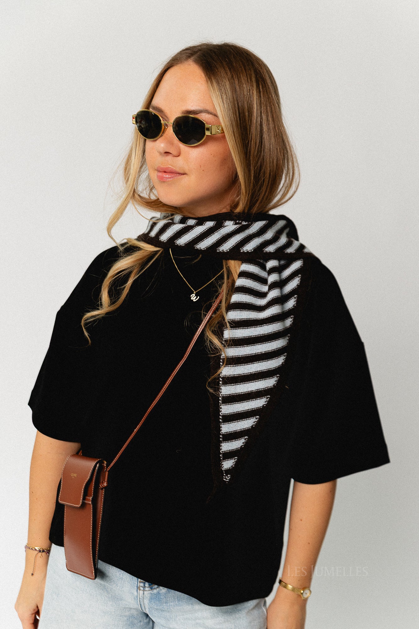 Susie striped triangle scarf - dark brown/dusty blue