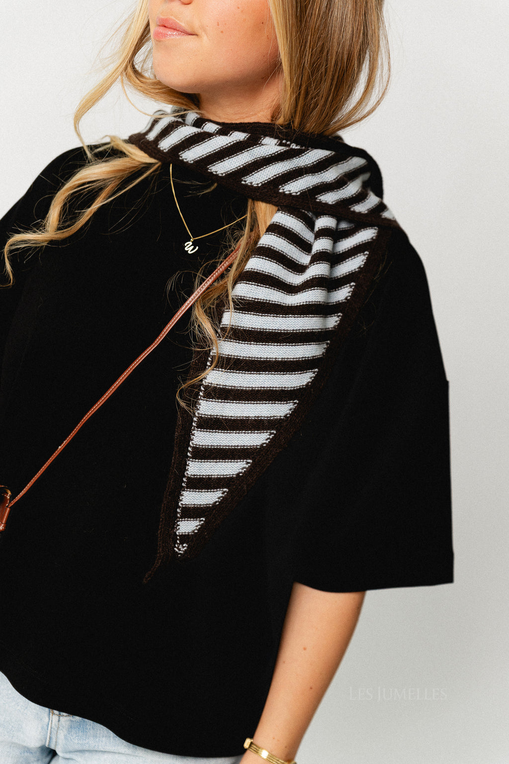 Susie striped triangle scarf - dark brown/dusty blue