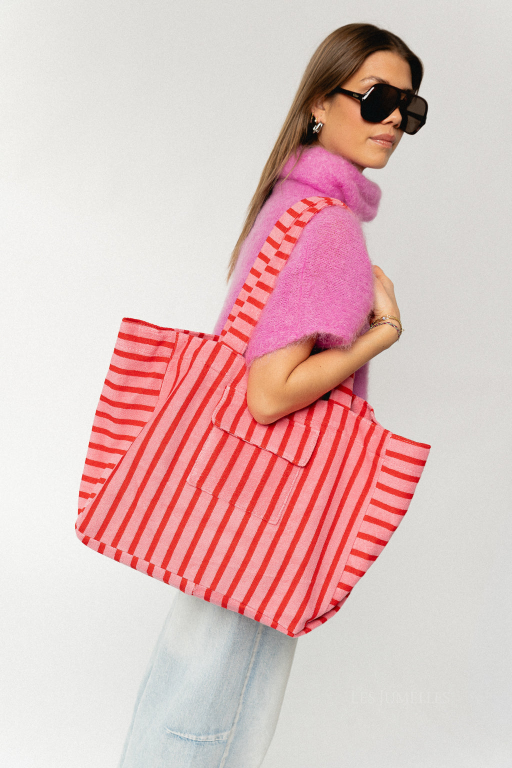 Striped terry shopper – fuchsia/red