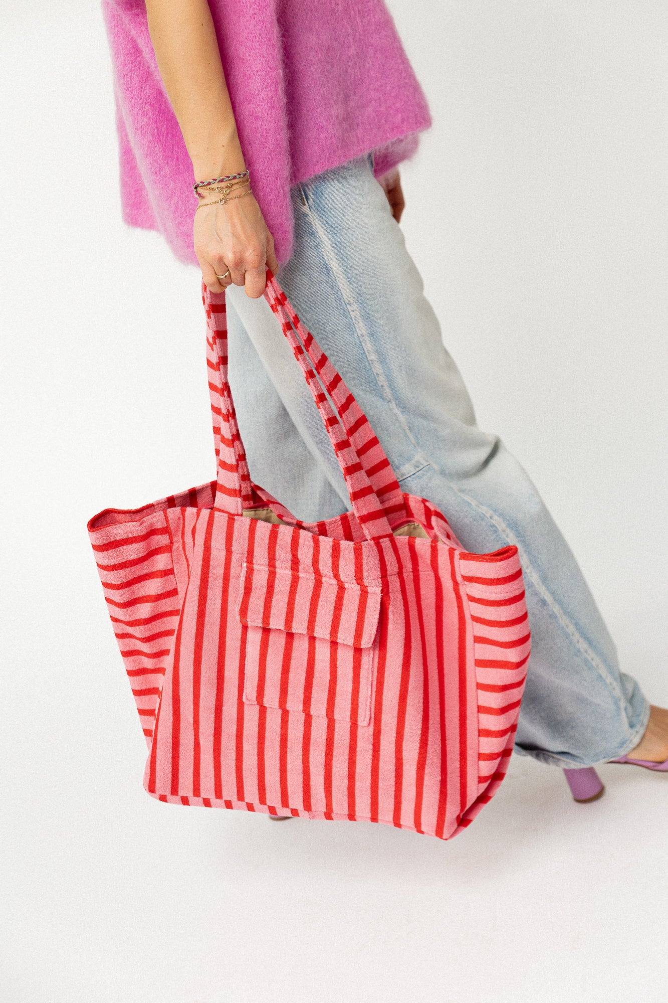 Striped terry shopper – fuchsia/red