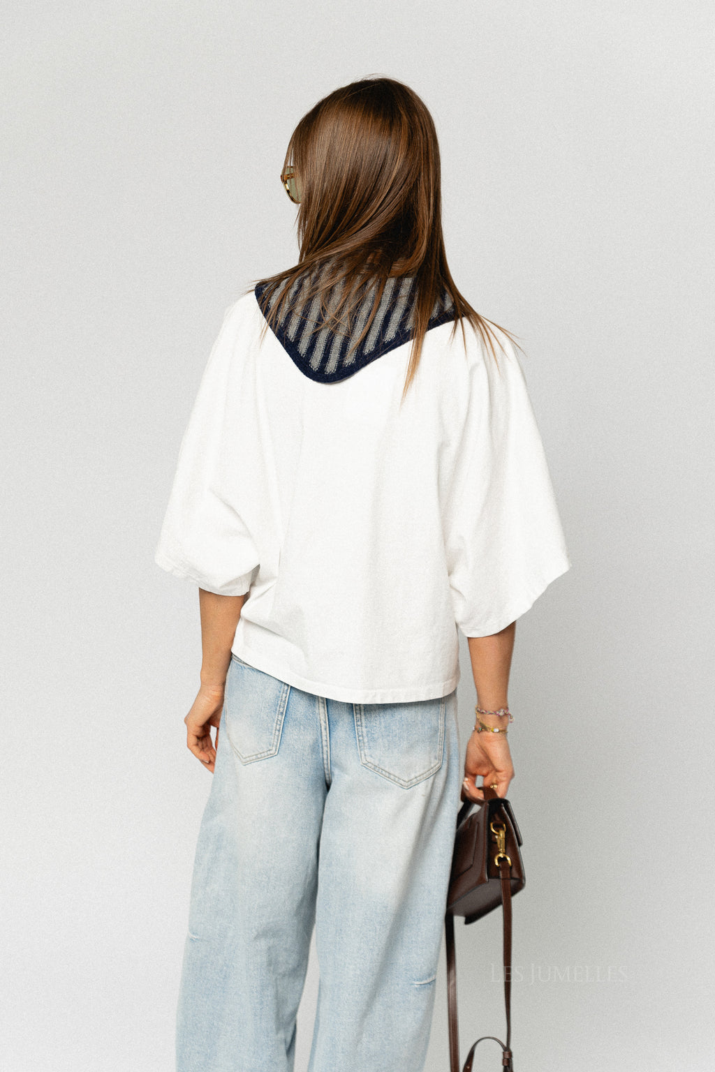 Susie striped triangle scarf - navy blue/grey