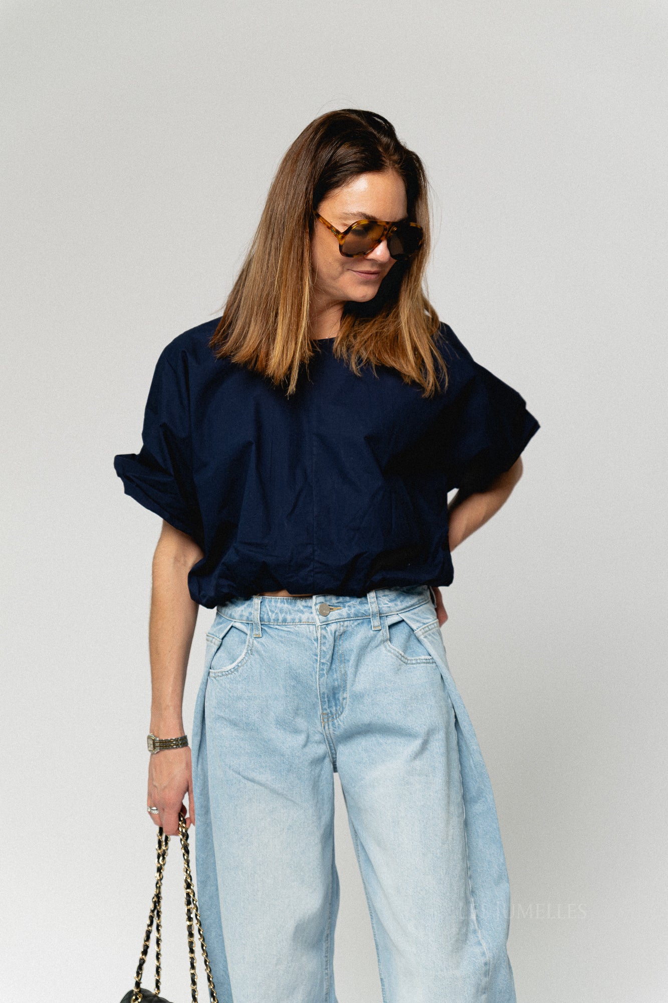 VIBaluni O-neck SS volume top navy blazer