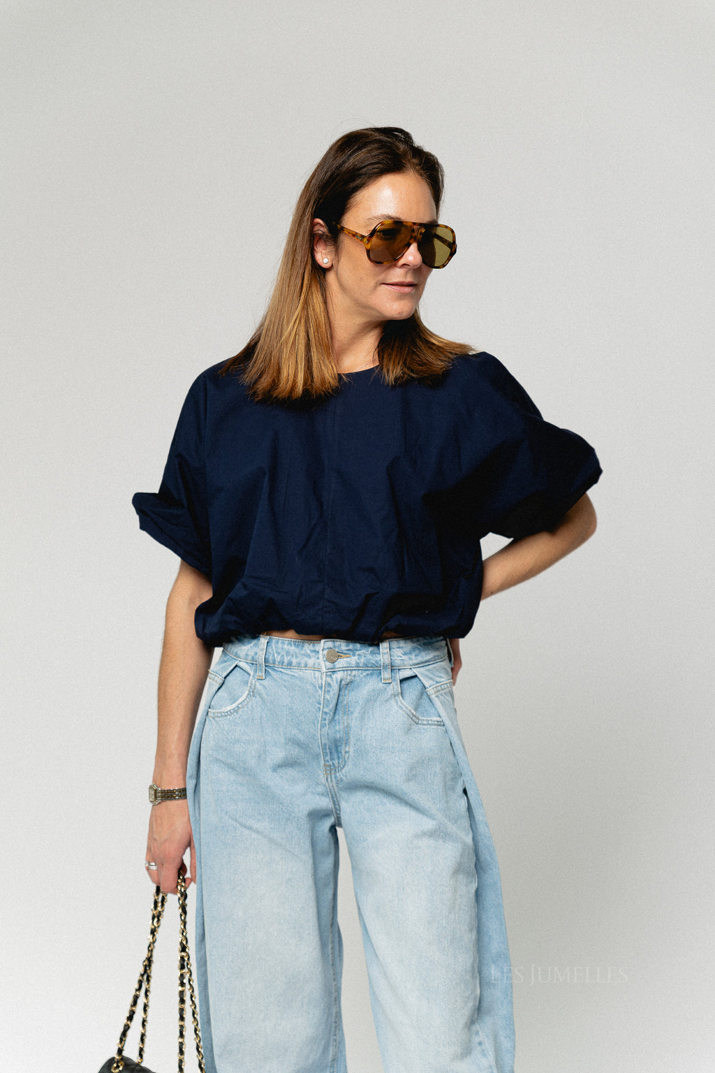 VIBaluni O-neck SS volume top navy blazer