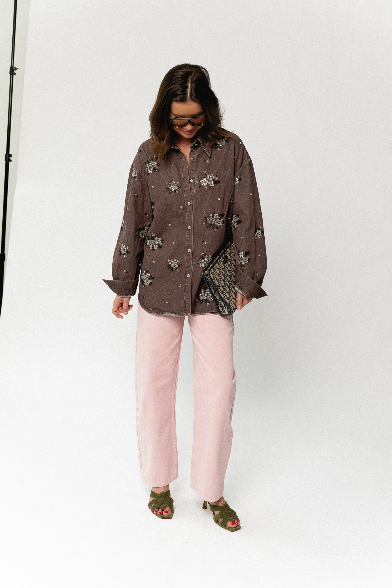 Floral beaded embellished denim shirt brown