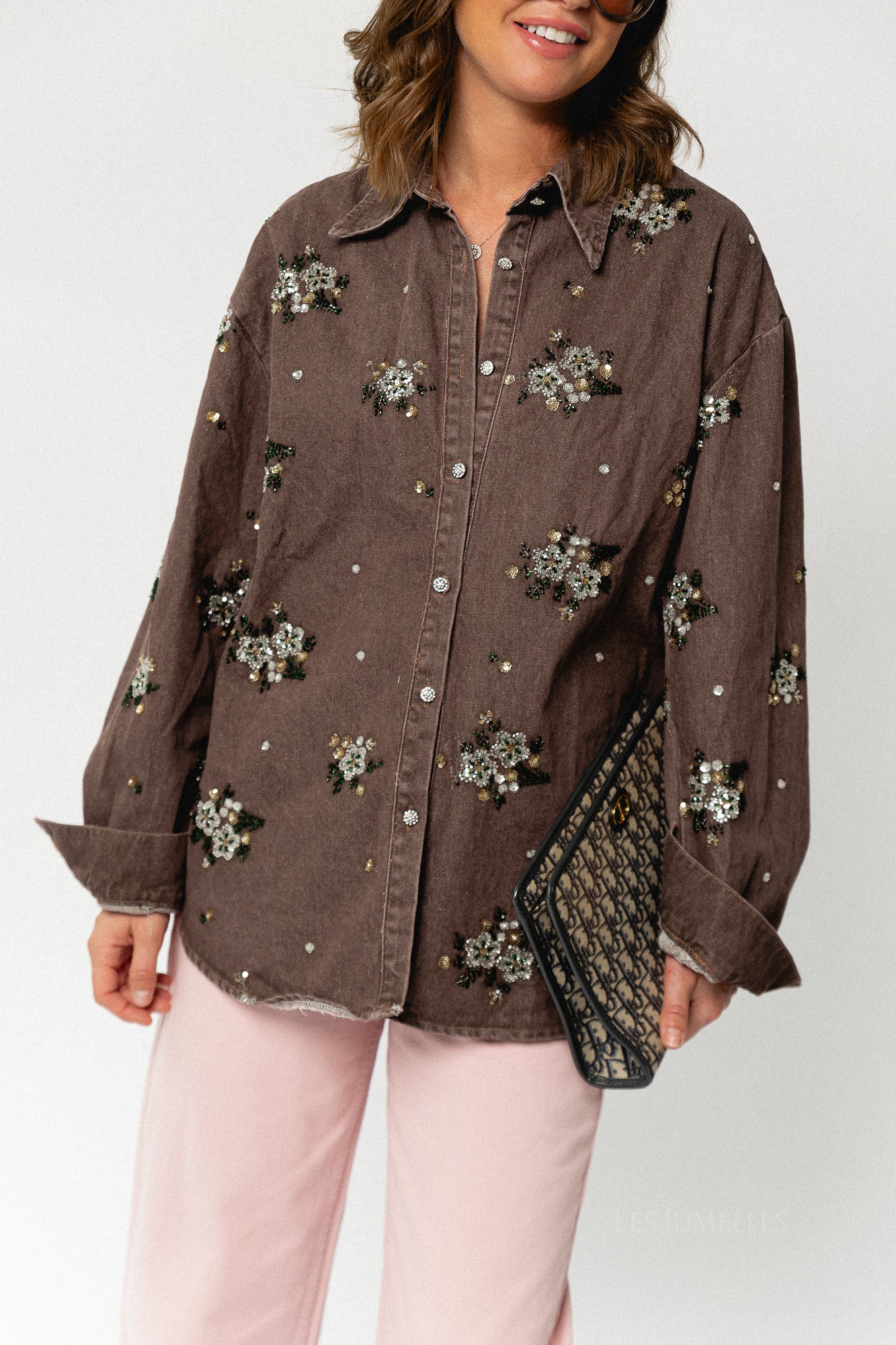 Floral beaded embellished denim shirt brown