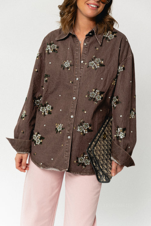 Floral beaded embellished denim shirt brown