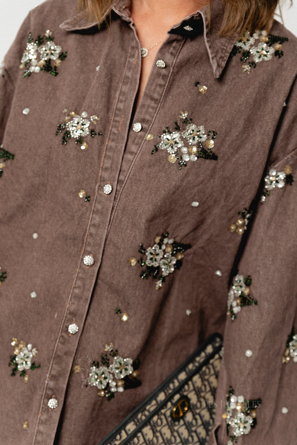 Floral beaded embellished denim shirt brown