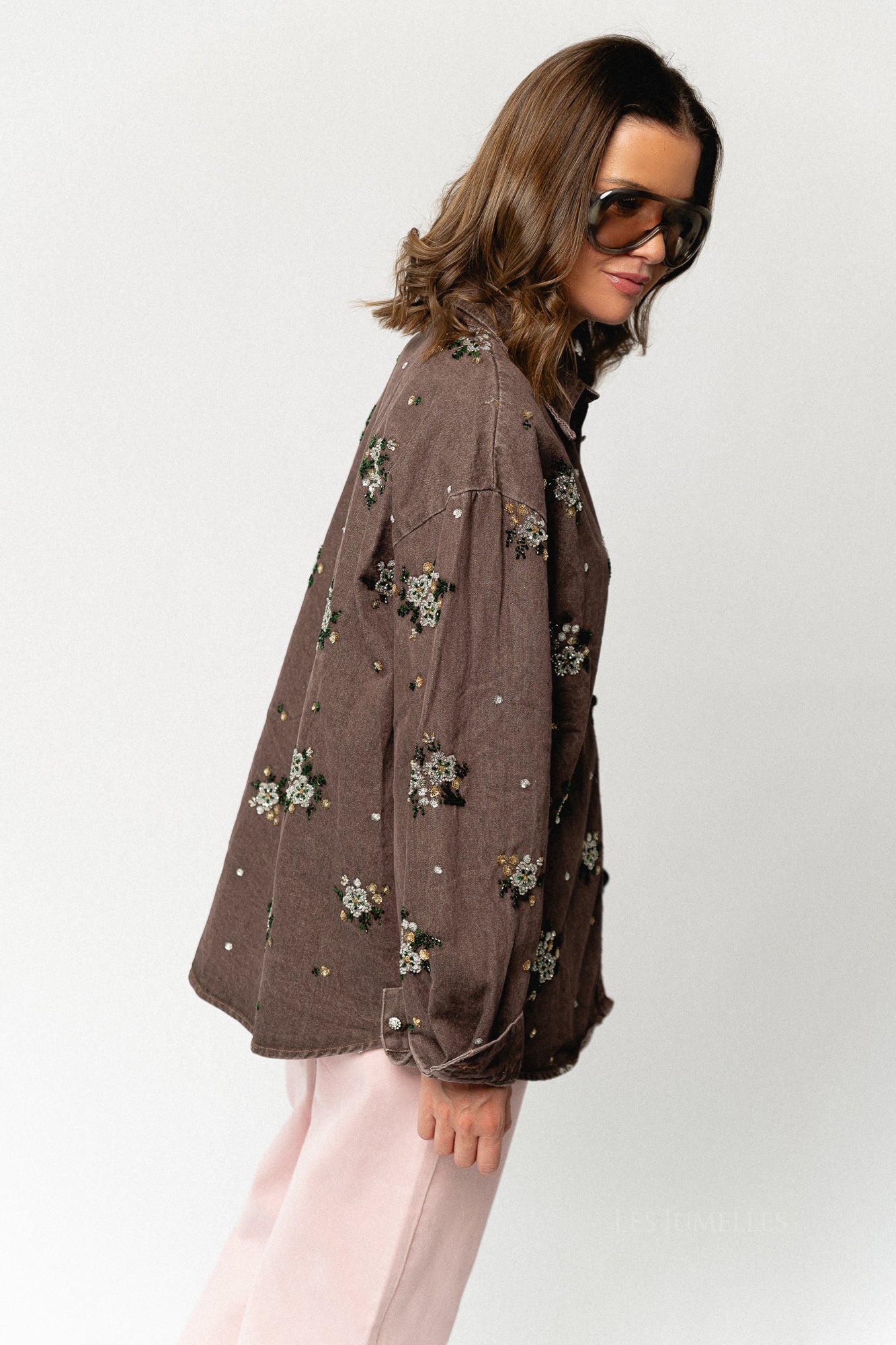 Floral beaded embellished denim shirt brown