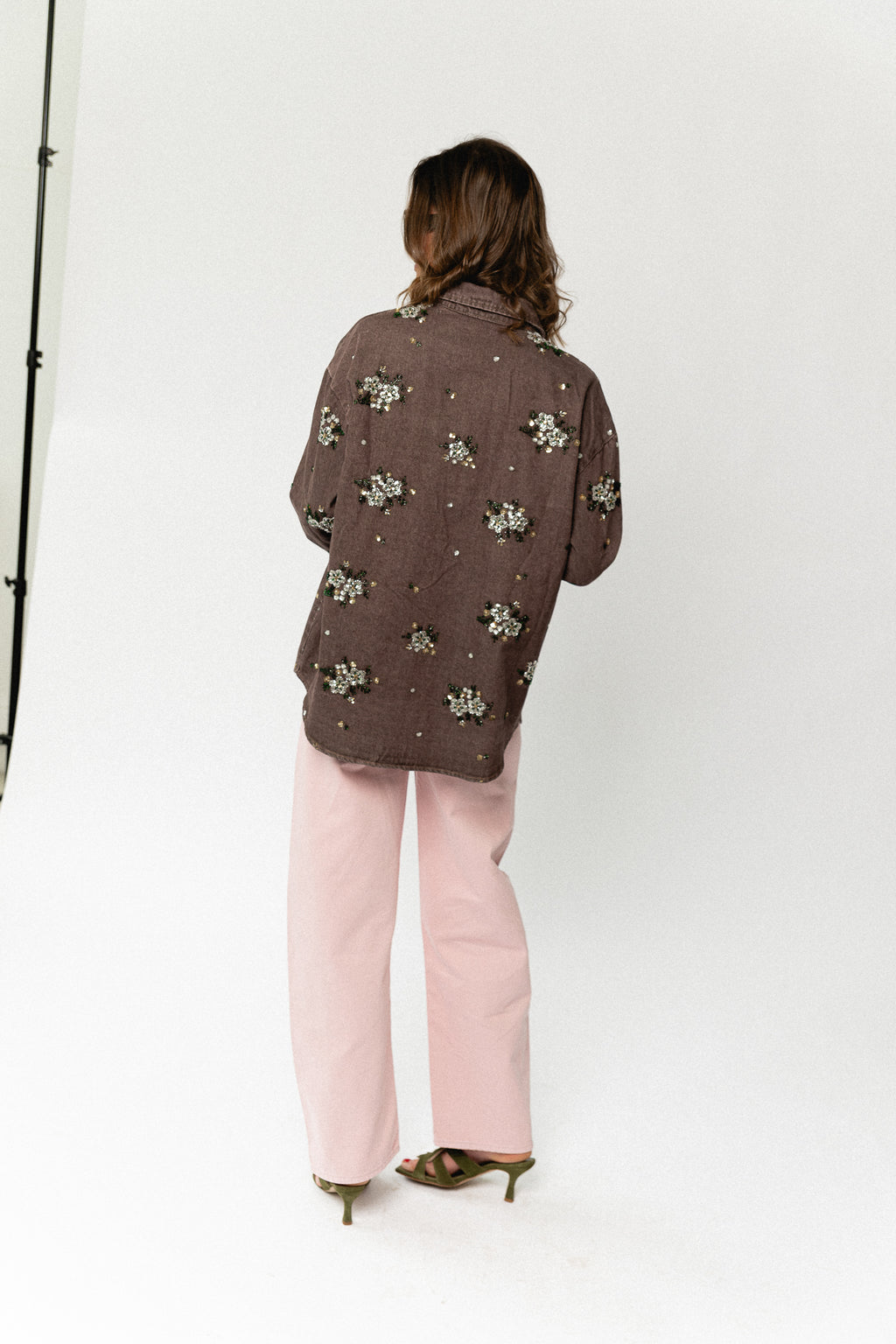 Floral beaded embellished denim shirt brown