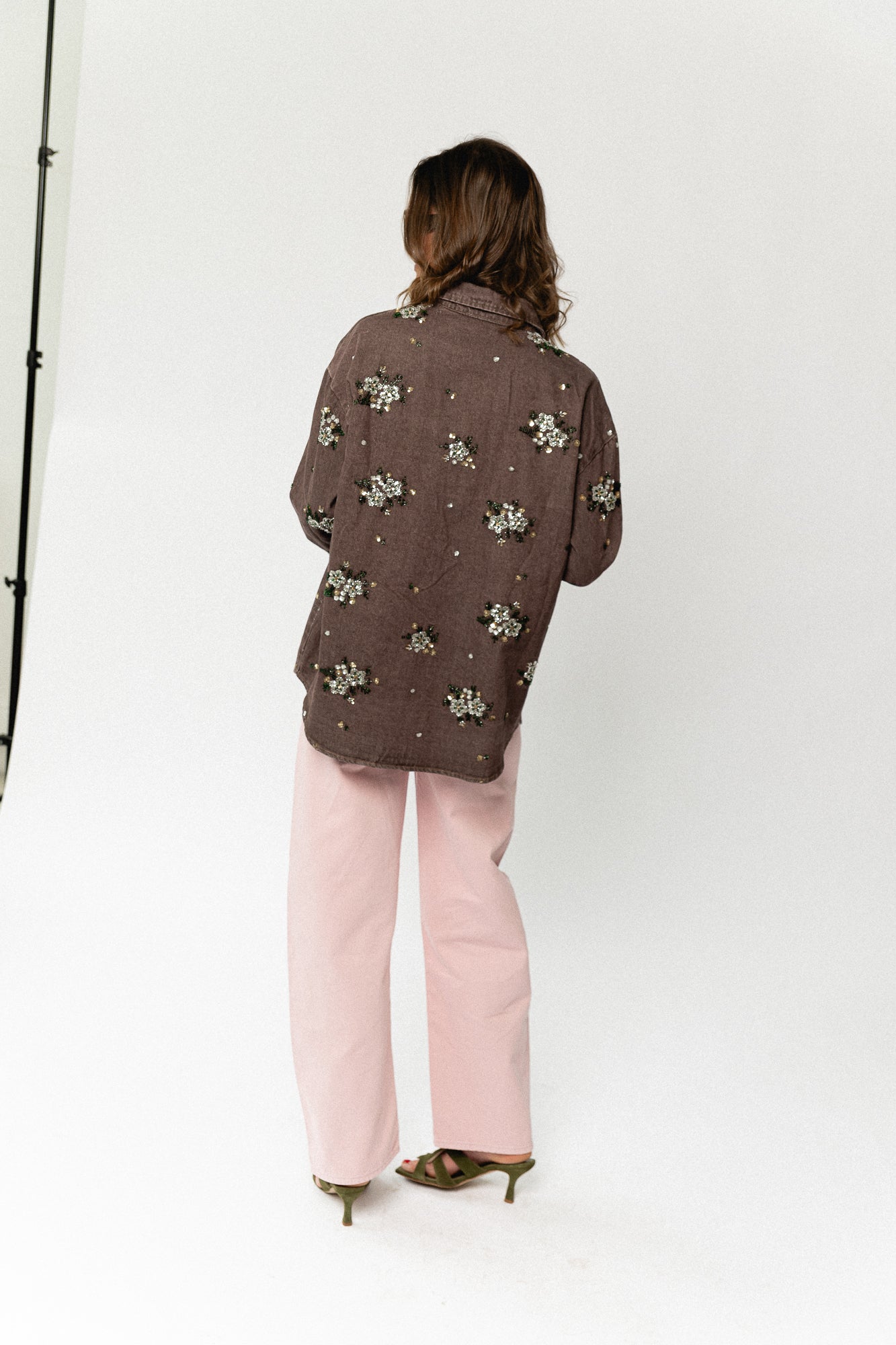 Floral beaded embellished denim shirt brown
